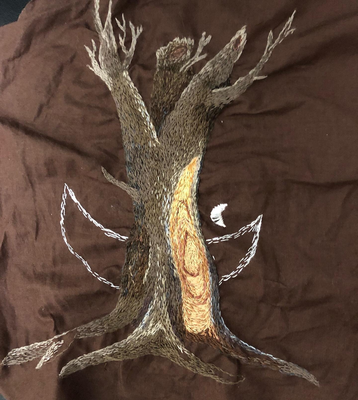 Current work in progress.  An embroidery #appliqué  #tree that is going to be applied to a #sorceress #cape #needlepainting #moon #magic #alchemy #dmcthreads