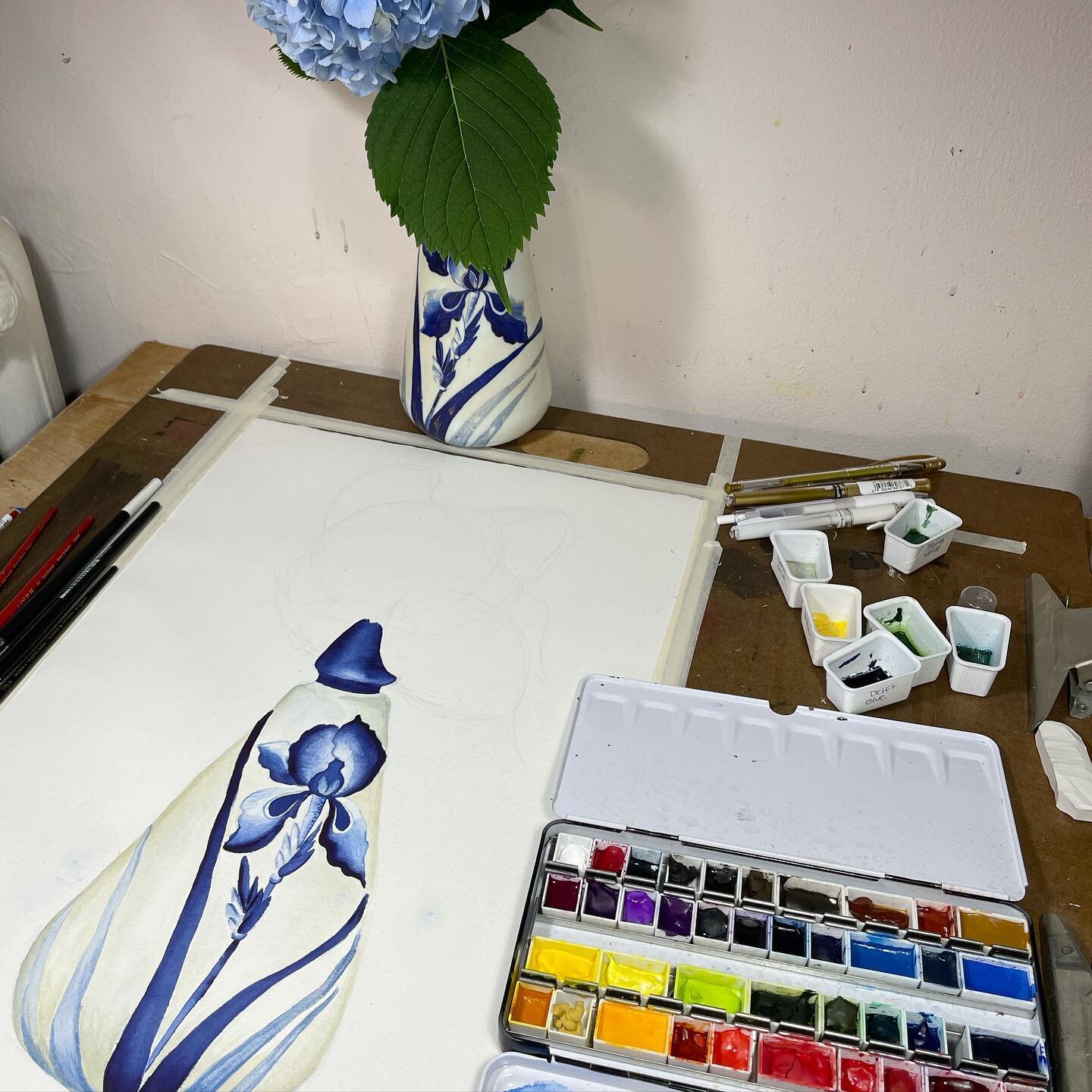Continuing adventures in #watercolor painting #iris #hydrangea #blue