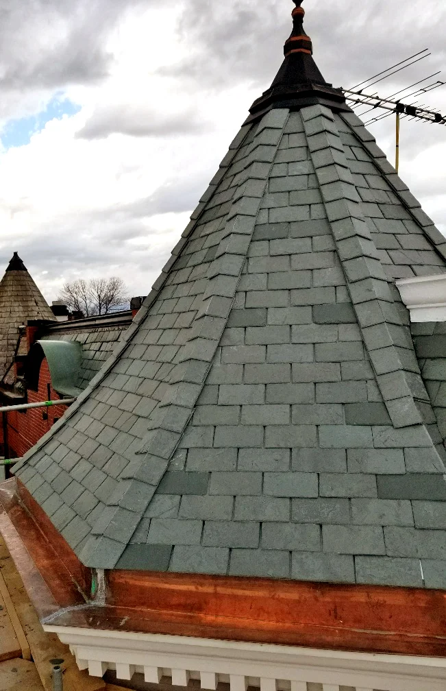 Above: This roof is a historical mansard. It is a Vermont Slate , color is "unfading green." (Capitol Hill project) 