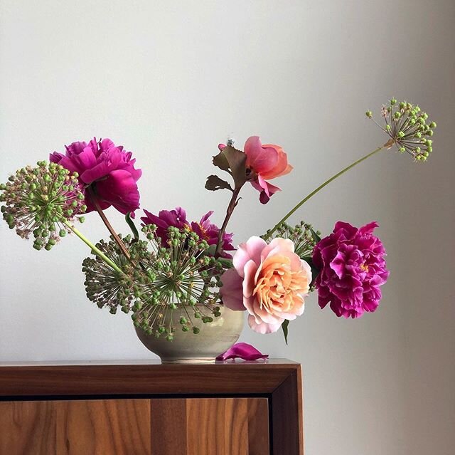 Green Allium seed heads, Distant Drums roses, and some well aged peonies. Very of the moment, in the moment. This flower meditation is about volumes. Transparent and opaque- the abstract and concrete. ✨#considerthevessel #kenzanigettawitness #dlnoone