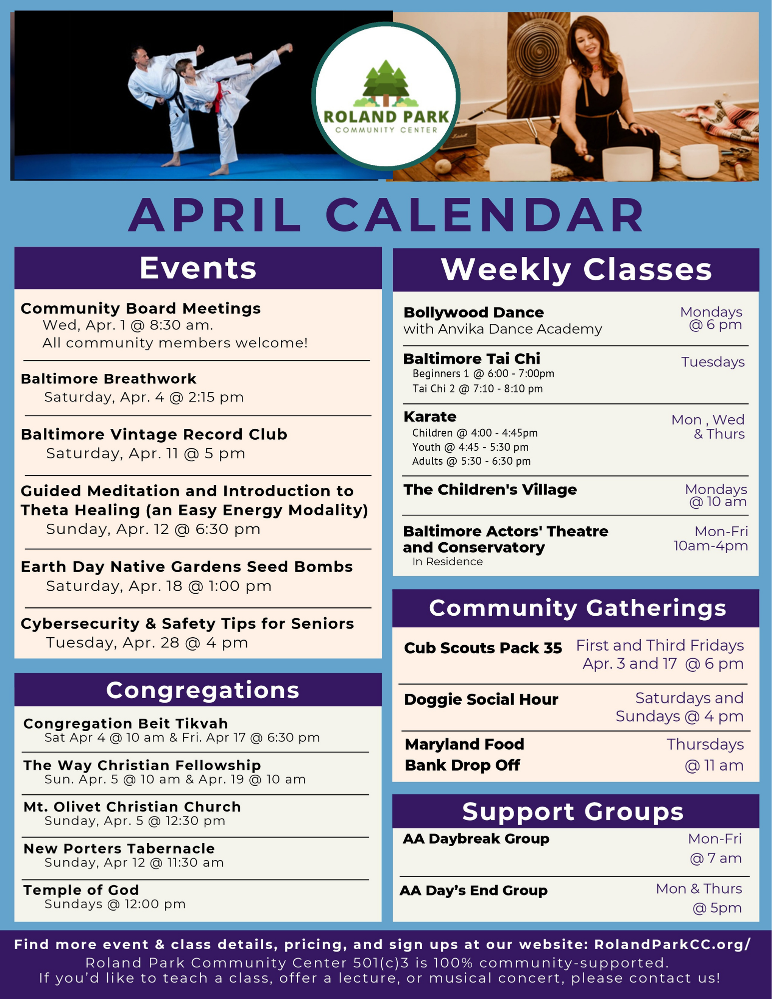 Text heavy calendar of events at Roland Park Community Center in April 2026