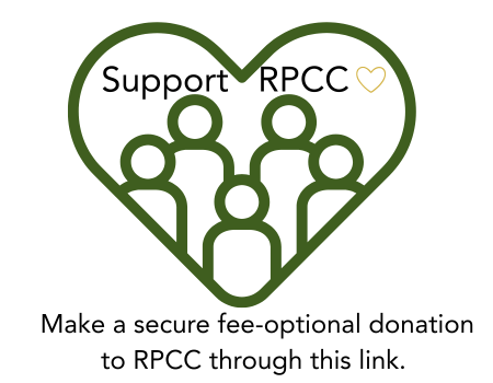 Support RPCC with hearts and people icons in green and yellow. Text instructs people to make a secure fee-optional donation to the center through this link. The whole image is the link.