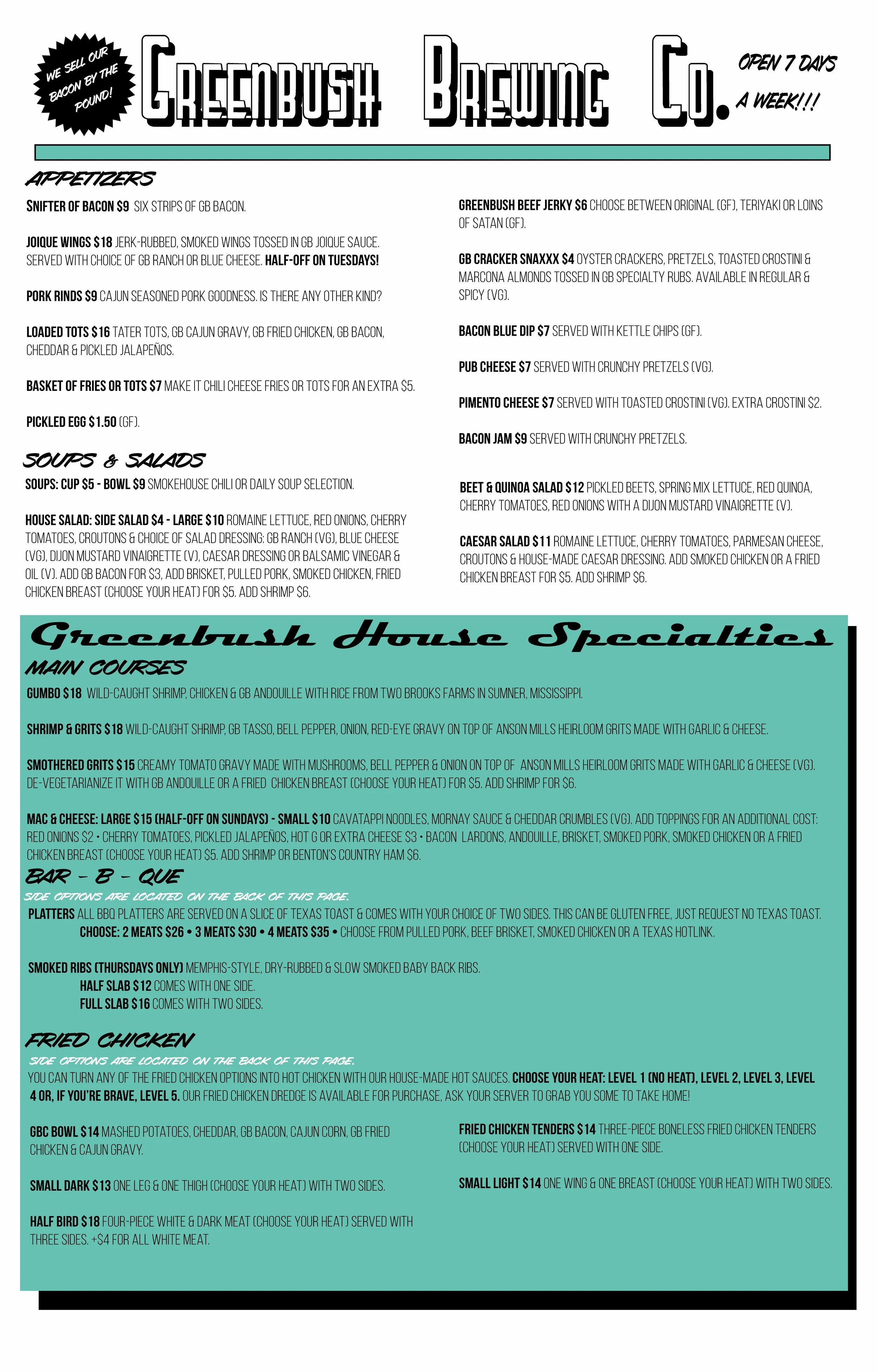 Full Menu — Greenbush Brewing Co.