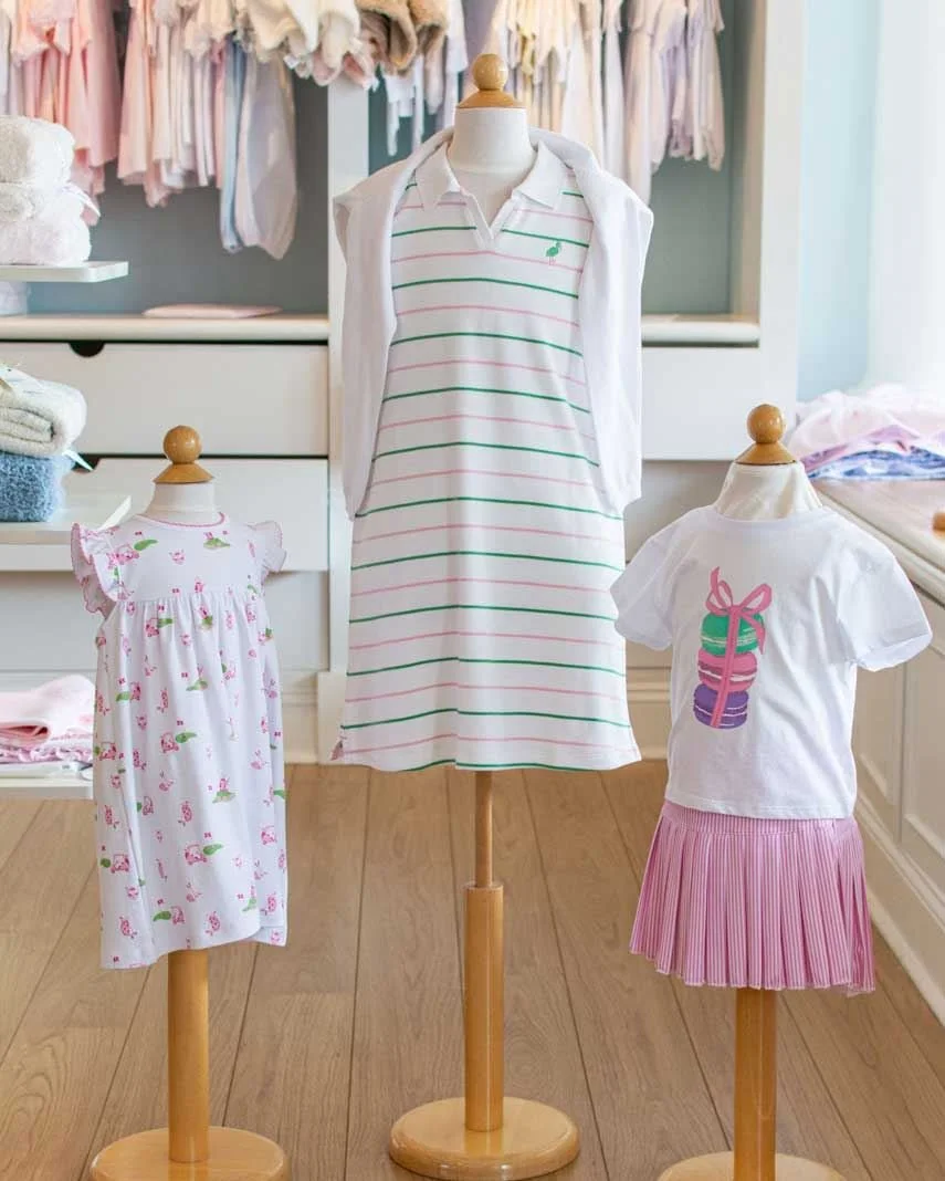 Golf dress from Kissy Kissy, striped tennis dress from The Beaufort Bonnet and pleated skort and activewear top from Azarhia.