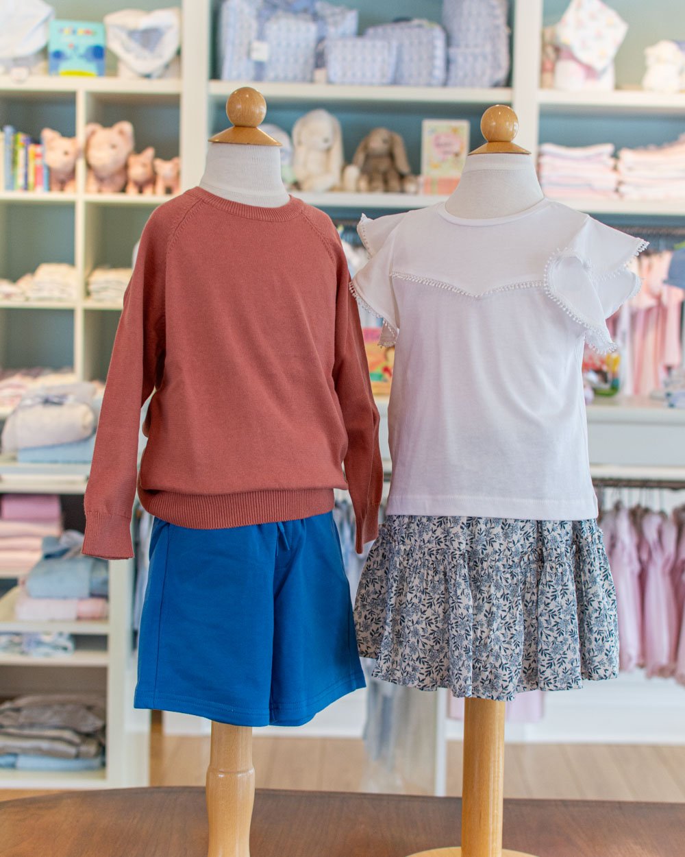 These Mayoral knit shorts are so comfortable and come in a variety of colors. The blue skort has light weight shorts underneath for comfort.