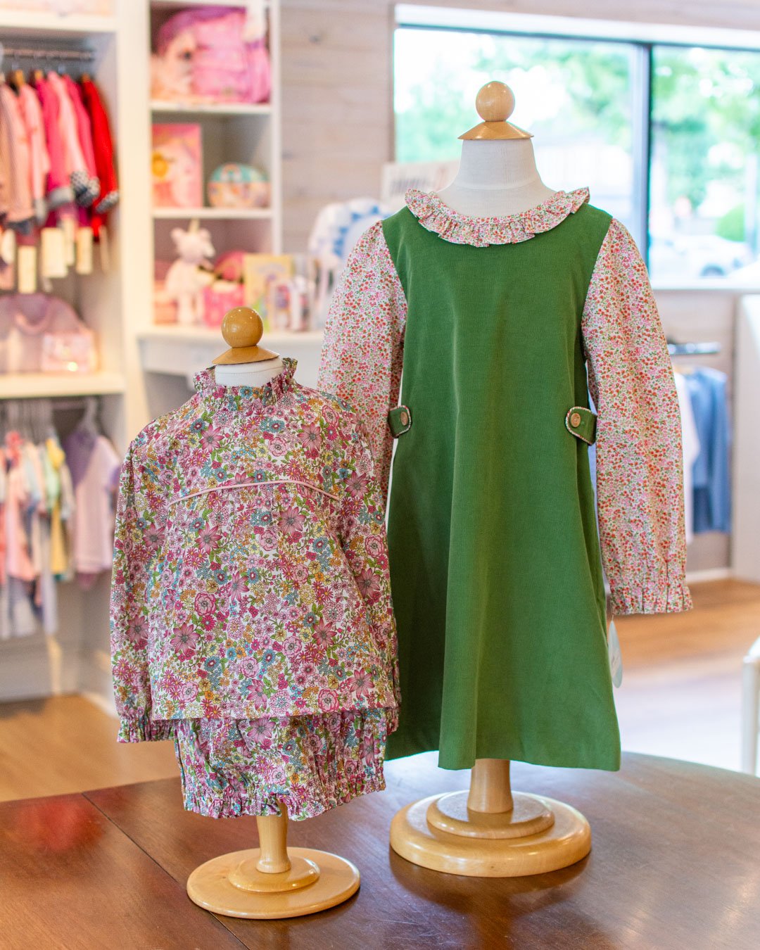 A mix of prints from brands like Little English, Bisby and The Beaufort Bonnet. We love the matching sister sets!