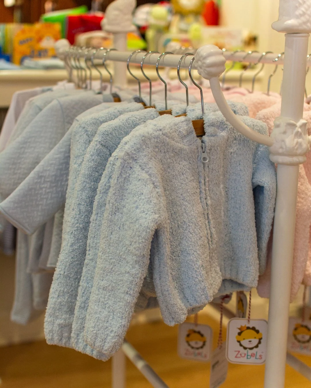 Yes it's hot but fall jackets are  arriving. These super soft, super fuzzy blue and pink jackets from Zubels are in stock.