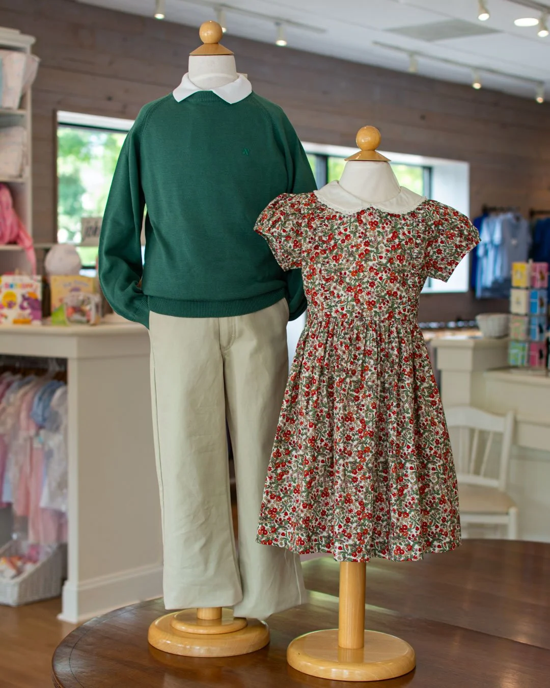New dresses in from Rachel Riley. We paired this Rachel Riley red and green dress with a soft sweater from Mayoral and khaki chinos from Johnnie-O.