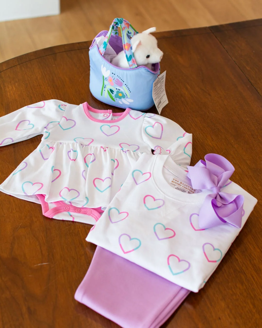 Pink, blue and purple goodness around the shop! We love this heart print and quilted longalls from Beaufort Bonnet.