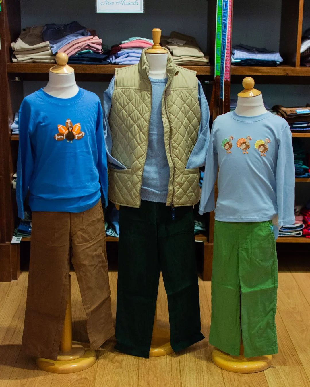 Gobble, gobble... a few turkeys 🦃 around the shop for boys. Styles from Anavini, Claire &amp; Charlie, Luigi. Stop by or call the shop to get your Thanksgiving apparel!
