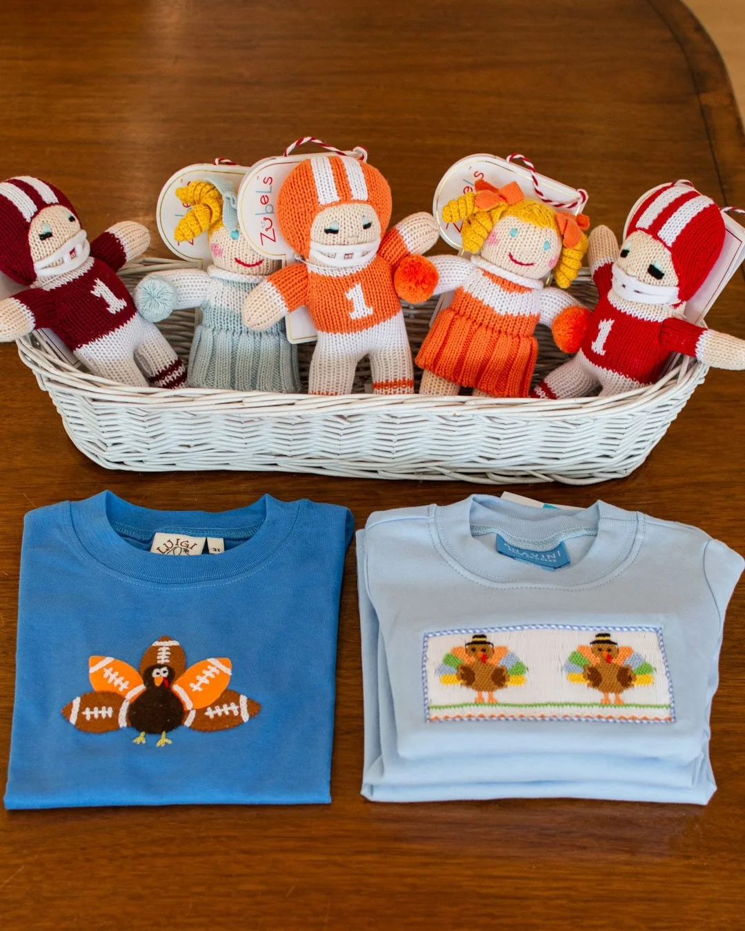 Our Thanksgiving turkey table with styles for boys and girls! Our shoppers can be surprised at how early these items sell out so we recommend coming in asap to find the perfect fall outfit.