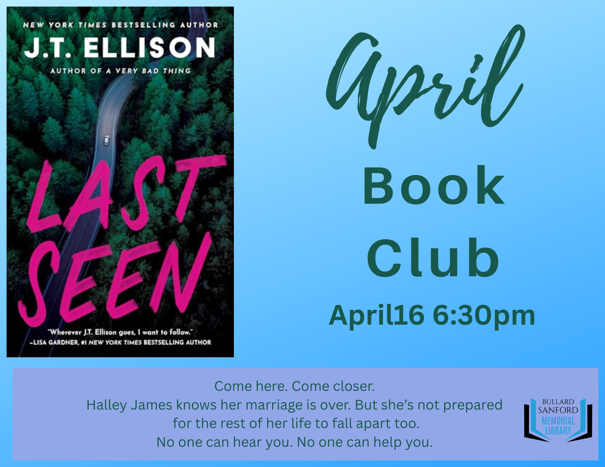 April Book Club: Last seen by J.T. Ellison