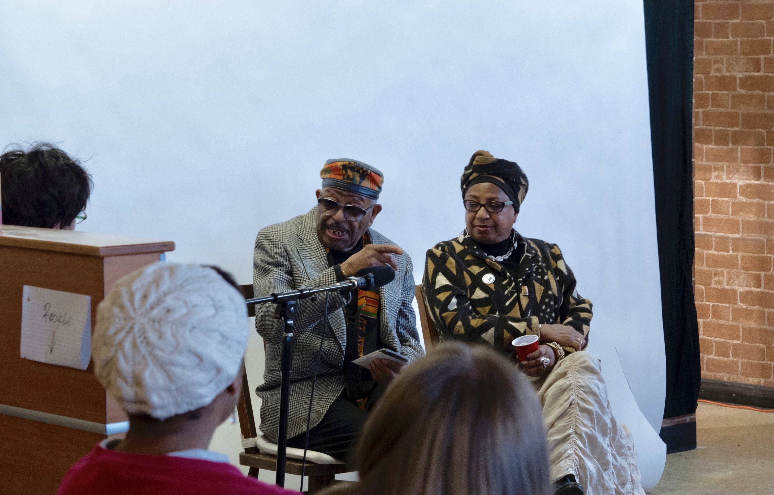 Cecil Beatty and daughter Phyllis Yasutake tell stories at the Shelf Life Open House