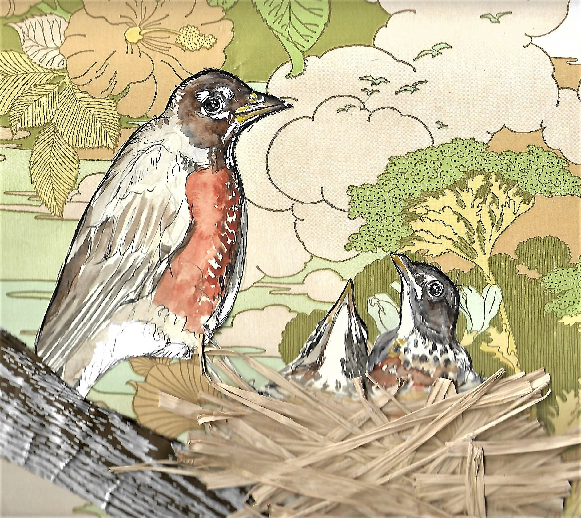 “American Robins”11”x 12”, mixed media, 2019