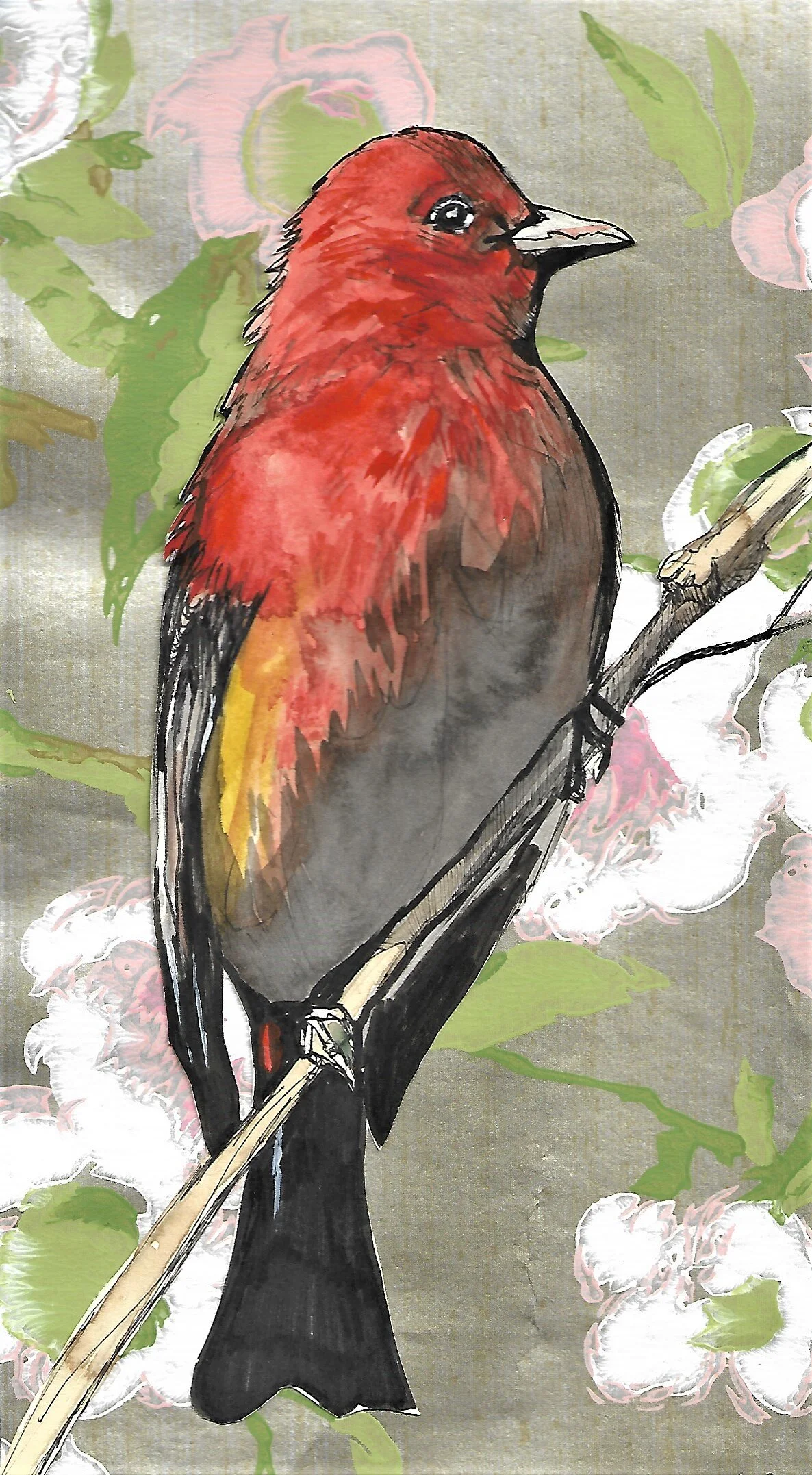 “Scarlet Tanager”4”x 12”, mixed media, 2019