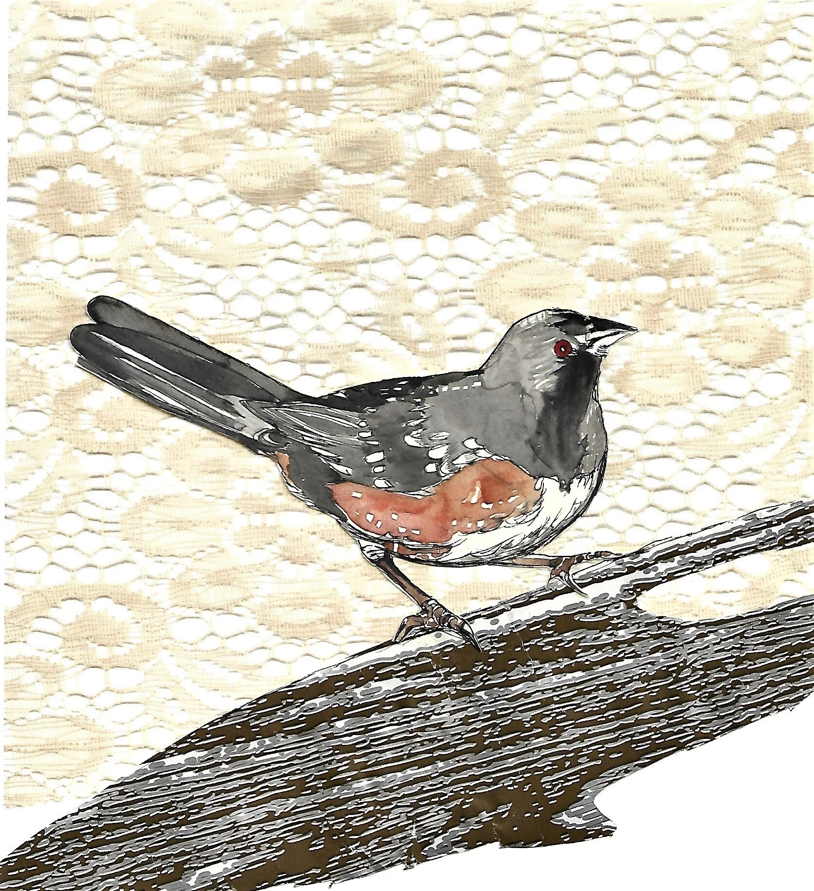 “Eastern Towhee”5”x 4”, mixed media, 2019.