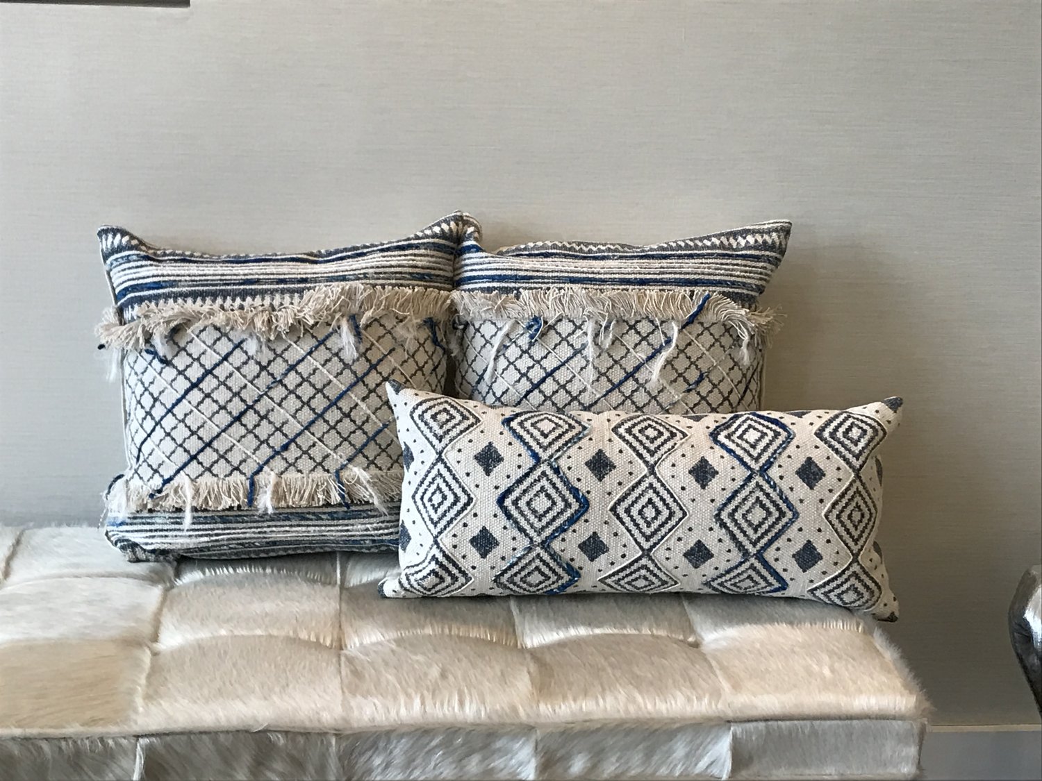 Set of Two, Blue and Beige Throw Pillows with Fringe — Threshold