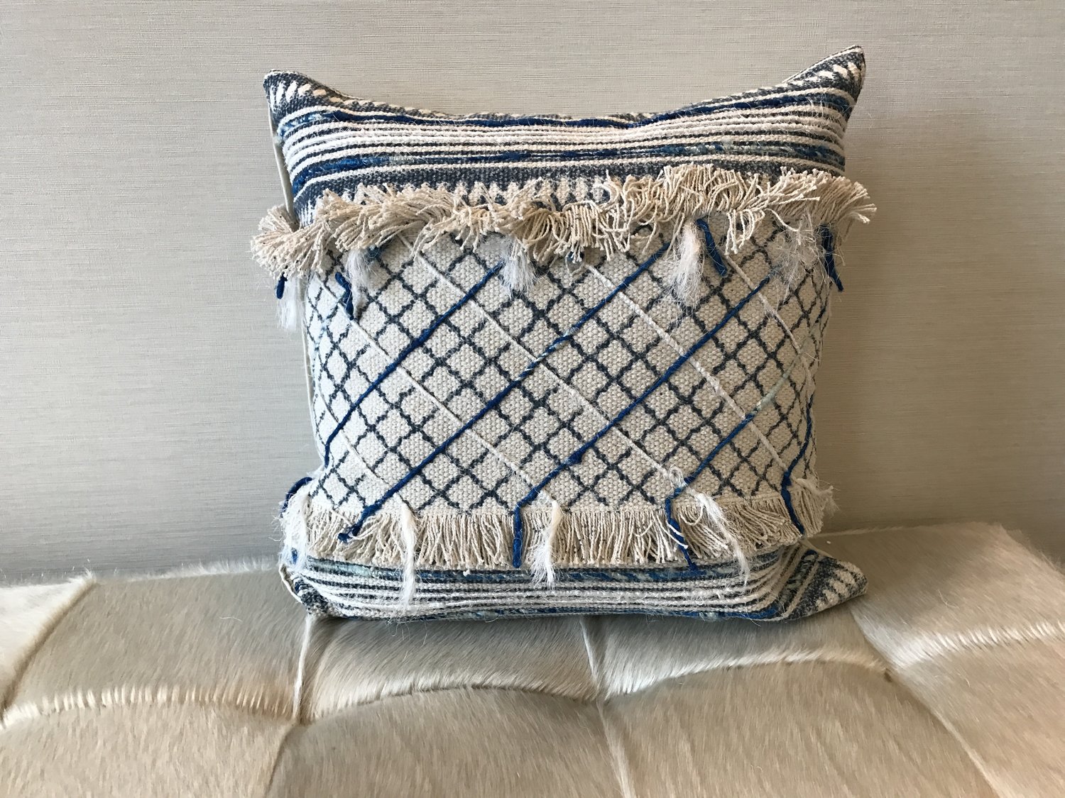 Set of Two, Blue and Beige Throw Pillows with Fringe — Threshold