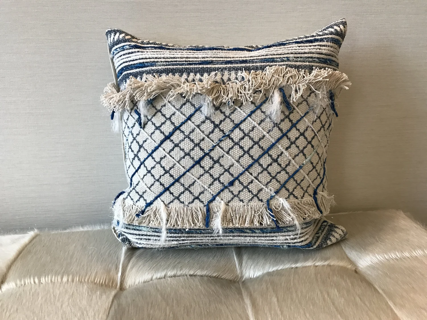 Set of Two, Blue and Beige Throw Pillows with Fringe — Threshold Interiors