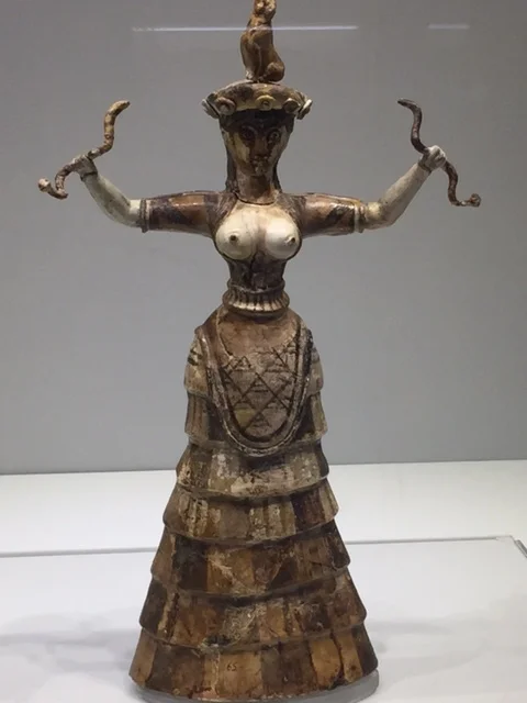 Minoan snake goddess at the Heraklion Archeological Museum. 