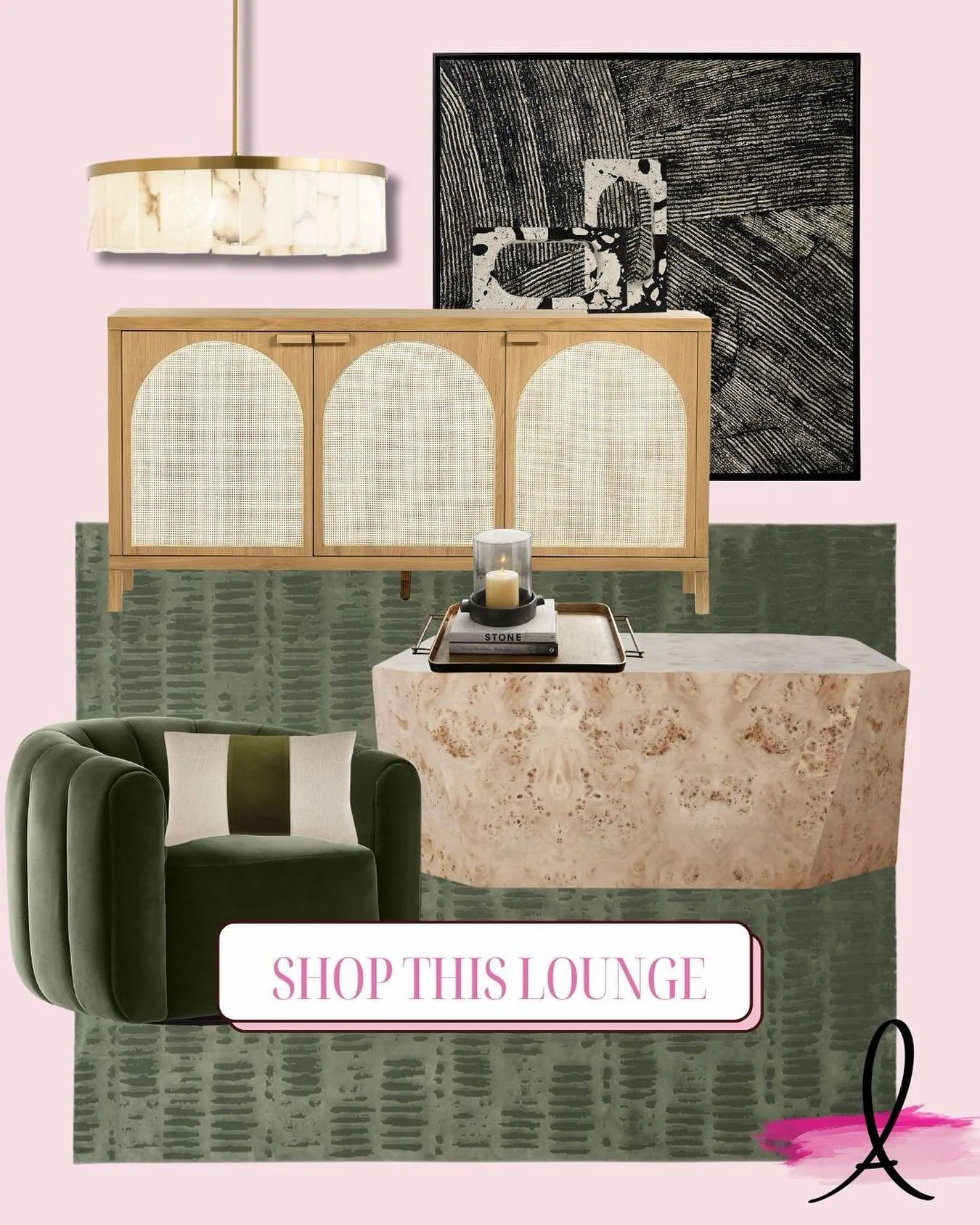 Color-drenched and full of texture &mdash; this lounge is the perfect mix of moody greens, warm neutrals, and sculptural statement pieces. From the velvet chair to the burlwood coffee table, every detail invites you to sit back and stay awhile.

Want