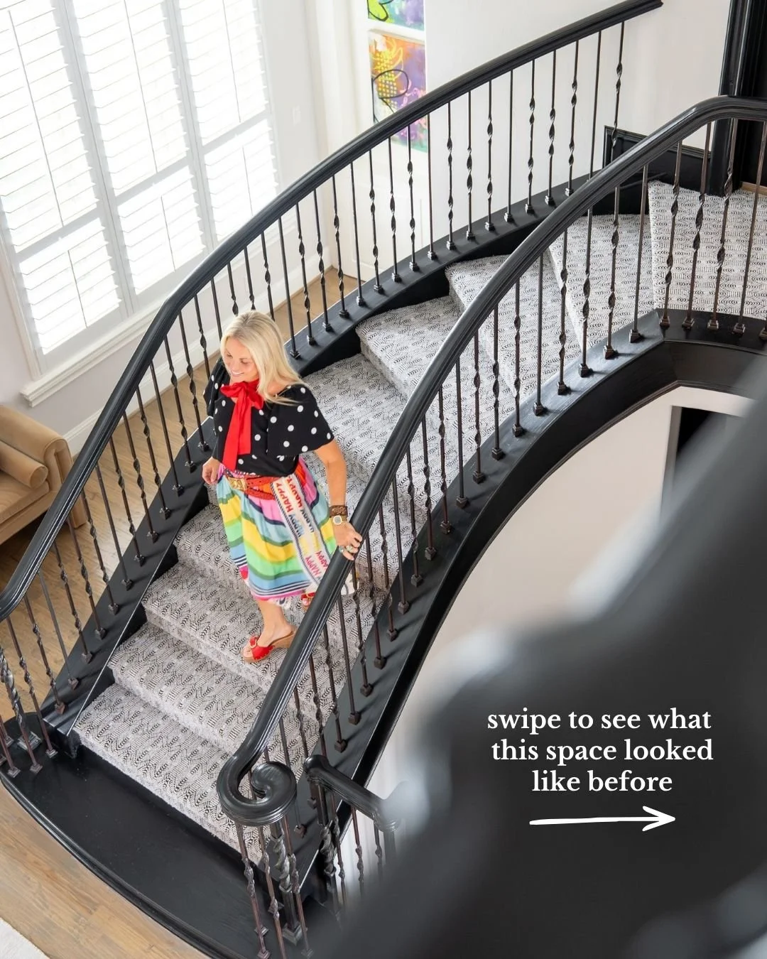 Sometimes the most dramatic transformation starts with the smallest decision.

We refreshed this existing staircase &mdash; no full renovation, no major demo &mdash; just painted the stairs black and added new carpet. The result? A space that feels c