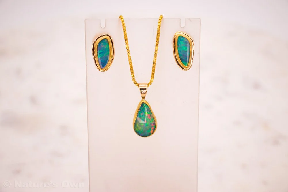 Ethiopian Opal Gold Pendant & Earring Set 14 karat gold for sale online. Gems, minerals, fossils, jewelry. Nature's Own Breckenridge, Colorado