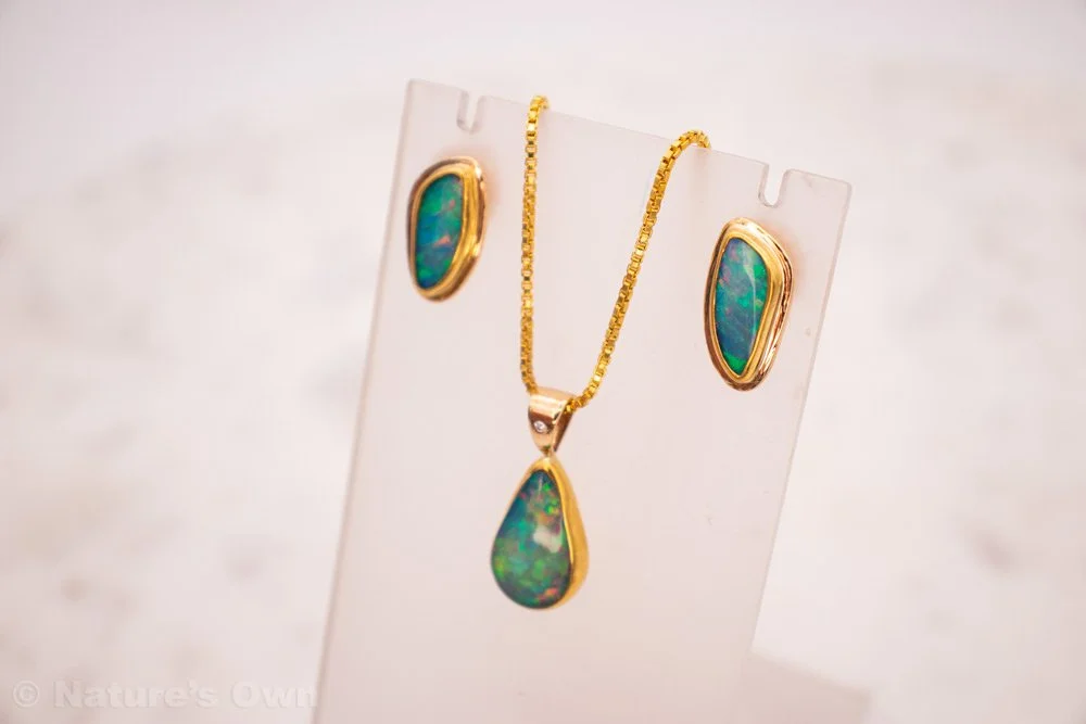 Ethiopian Opal Gold Pendant & Earring Set 14 karat gold for sale online. Gems, minerals, fossils, jewelry. Nature's Own Breckenridge, Colorado