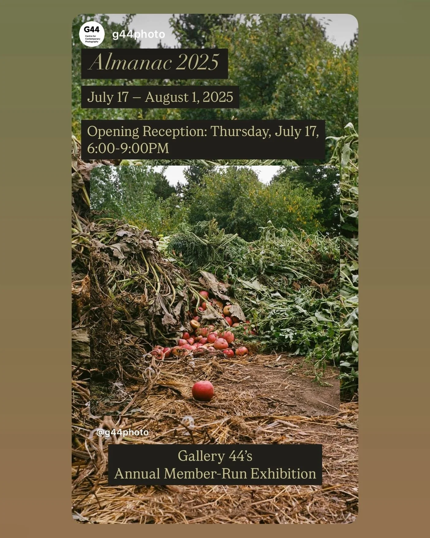 Almanac opens tonight 💫 @g44photo 

Almanac, an annual member-run exhibition presenting a non-juried survey of artwork created by Gallery 44 members in the past year, opens in the Main Gallery from July 17 - August 1, 2025.

Curated by Heather Fulto