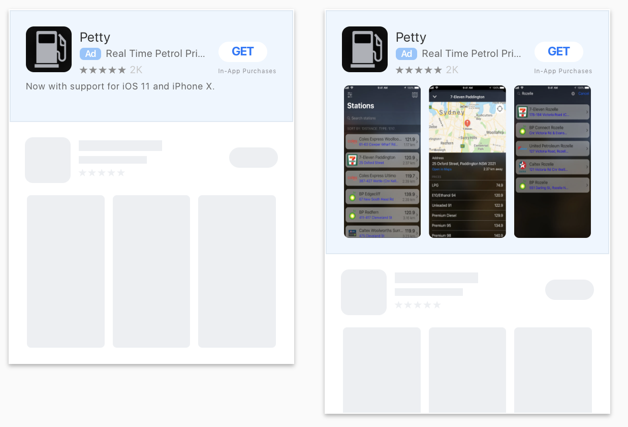 Here's how Petty's Search Ads look on the App Store