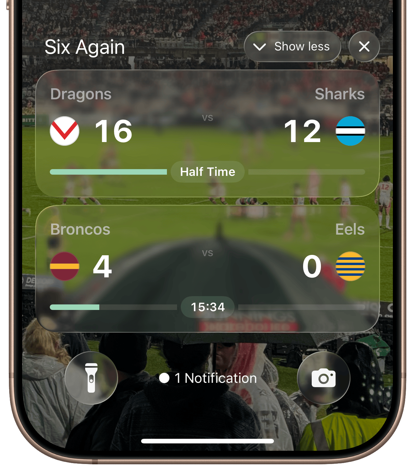 A screenshot of the Six Again showing Live Activities for two live NRL matches.
