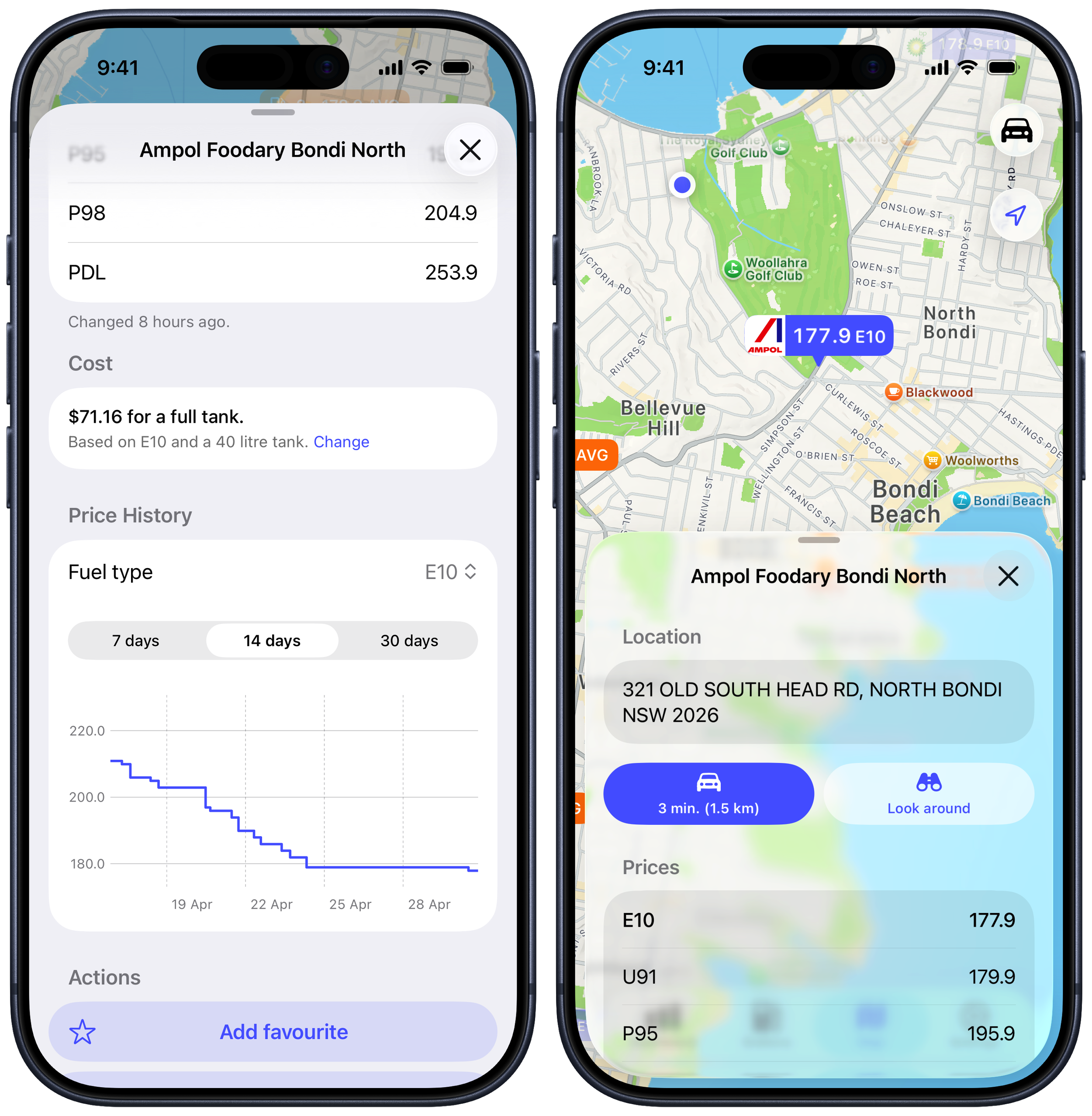 Side-by-side screenshots of Petty. The first showing the new Price history chart, and the second showing the new map interface with a selected pin opening a sheet from the bottom of the screen.