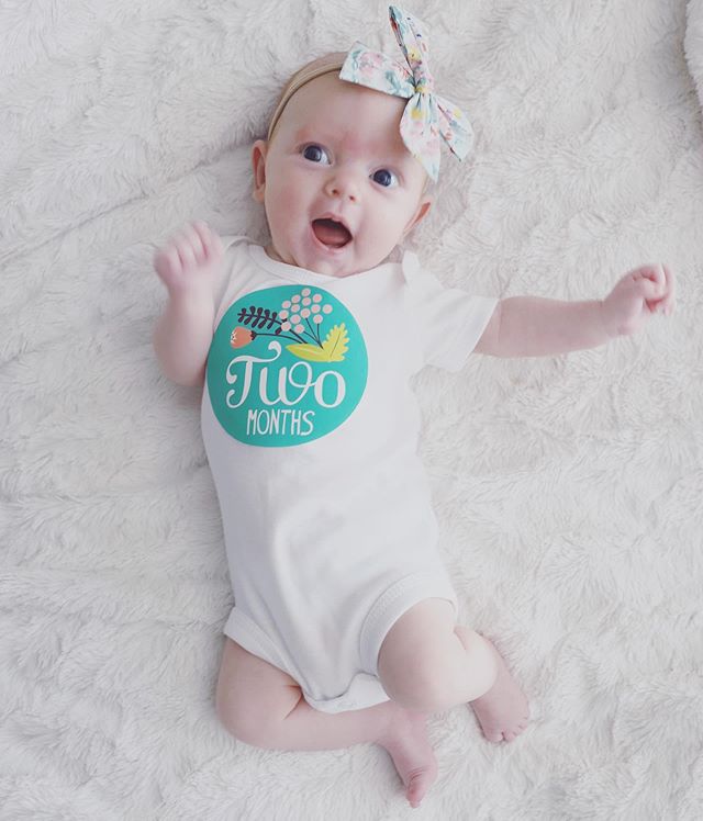 TWO months old! 🌸
&bull;
Her first month at home. Filled with lots of visitors. Still rocking her newborn section of the closet. Currently 8 pounds. Learned how to smile. And perfected her &ldquo;basic white girl influencer happy jump&rdquo; pose 😄