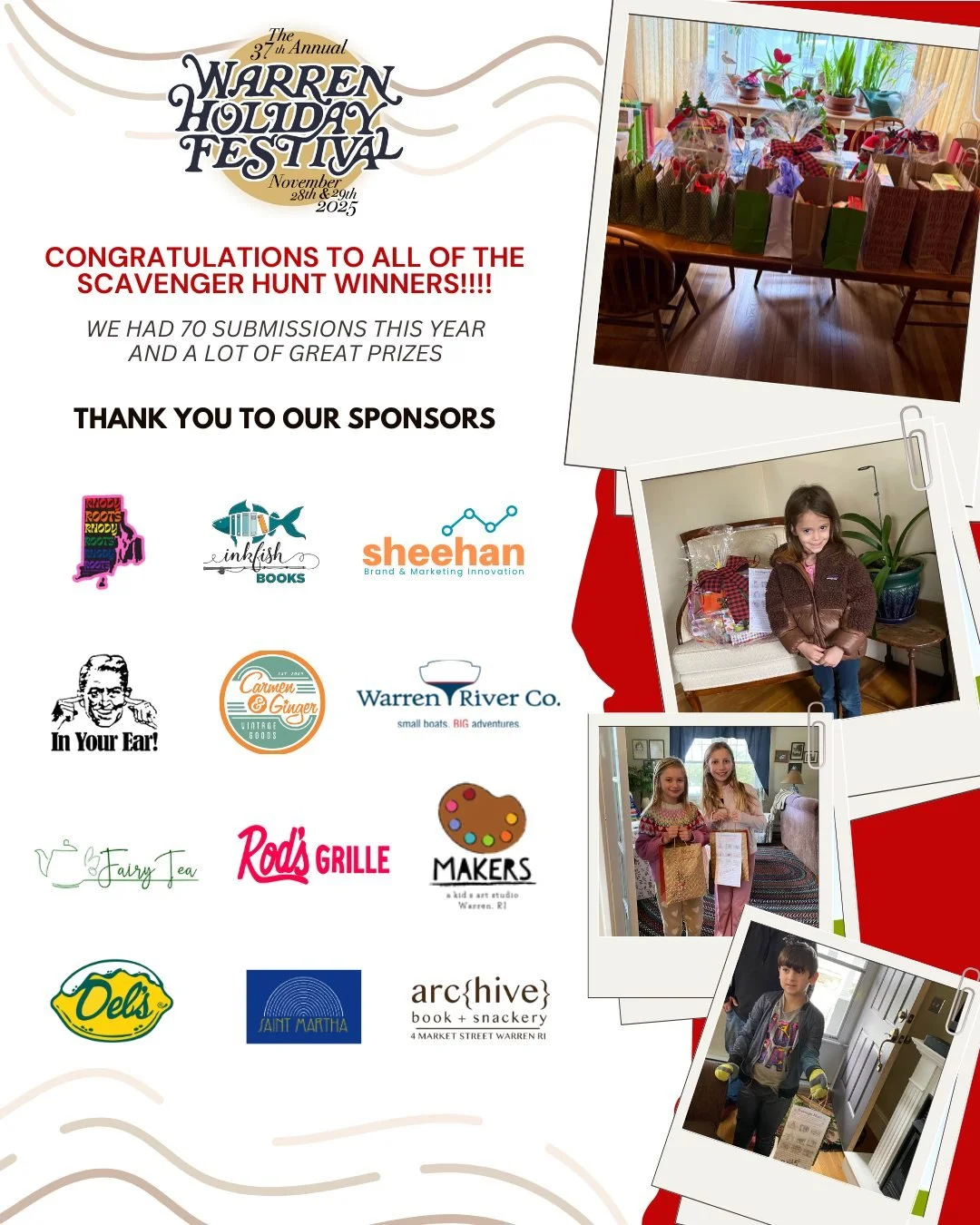 We had over 70 submission for prizes for this year's Scavenger Hunt! 

Stay tuned, we'll be posting the drawing video soon!

Thank you to our sponsors for contributing prizes for this years event.

@rhodyrootsri 
@inkfishbooks 
Sheehan Brand and Mark