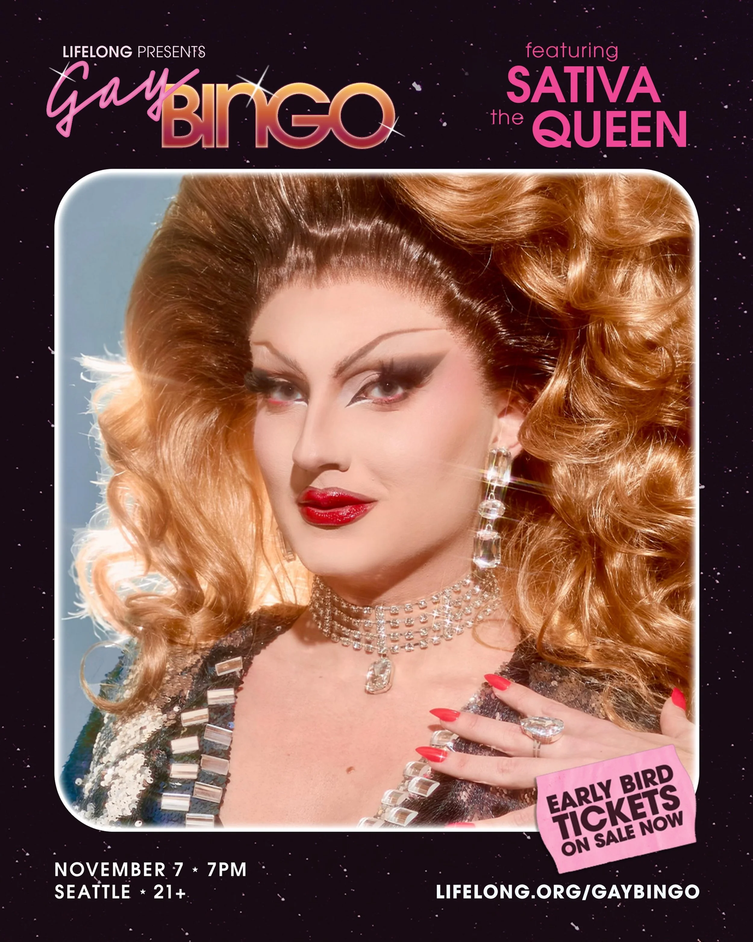 Say hello to Sativa the Queen (@sativathequeen)&mdash; Seattle-based drag artist, nearly a decade of stage experience, and the headline performer at Gay Bingo 2026. 🪩

Join us Saturday, November 7 at Victory Hall for a night of comedy, drag, bingo, 