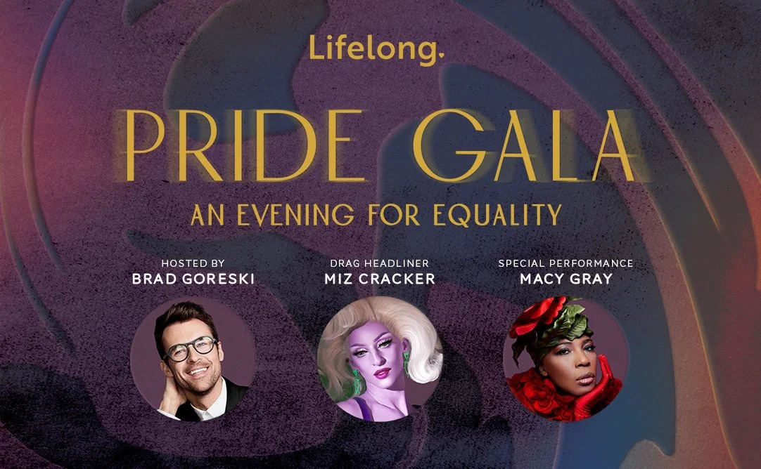 Lifelong Pride Gala An Evening for Equality in bold yellow text over a purple velvet texture, Headshots of Confirmed Talent: Hosted by Brad Goreski, Drag Headliner Miz Cracker, and Special Performance Macy Gray