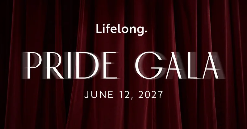 Lifelong logo in white, Pride Gala June 12, 2027 against a dark red velvet curtain background