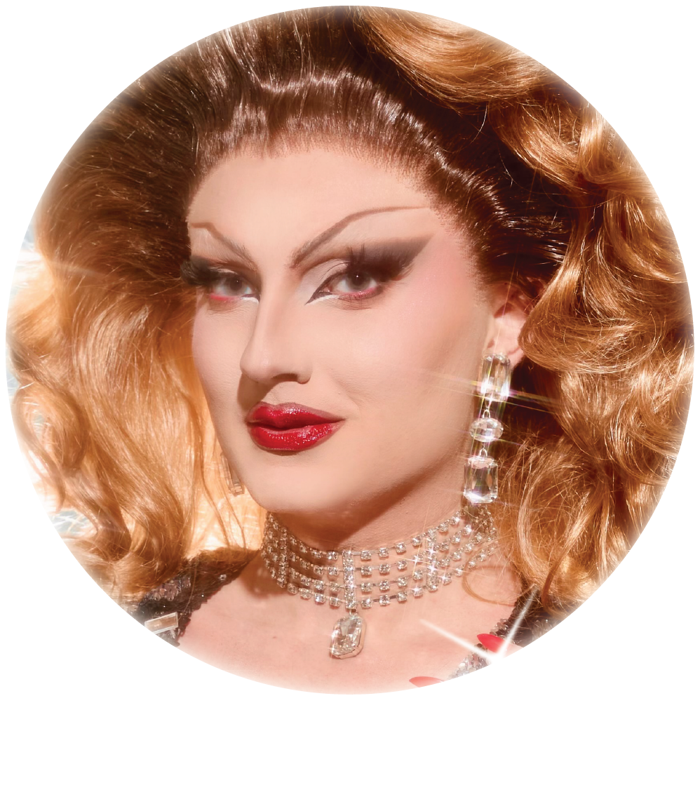 Headshot of Sativa the Queen with red lipstick and a glamorous 70s filter treatment
