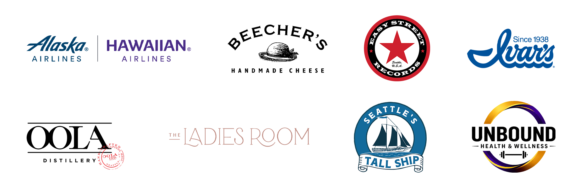 Logos of Alaska Airlines | Hawaiian Airlines, Beecher's Handmade Cheese, Easy Street Records, Ivar's, Oola Distillery, The Ladies Room, Seattle's Tall Ship, and Unbound Health & Wellness