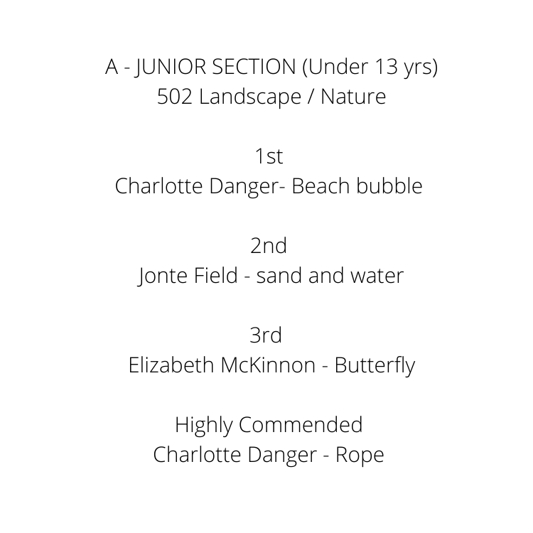 A - JUNIOR SECTION (Under 13 yrs) 502 Landscape _ Nature 1st Charlotte Danger- Beach bubble - 2nd Jonte Field - sand and water 3rd Elizabeth McKinnon - Butterfly Highly Commended Charlotte Danger- Rope -.png