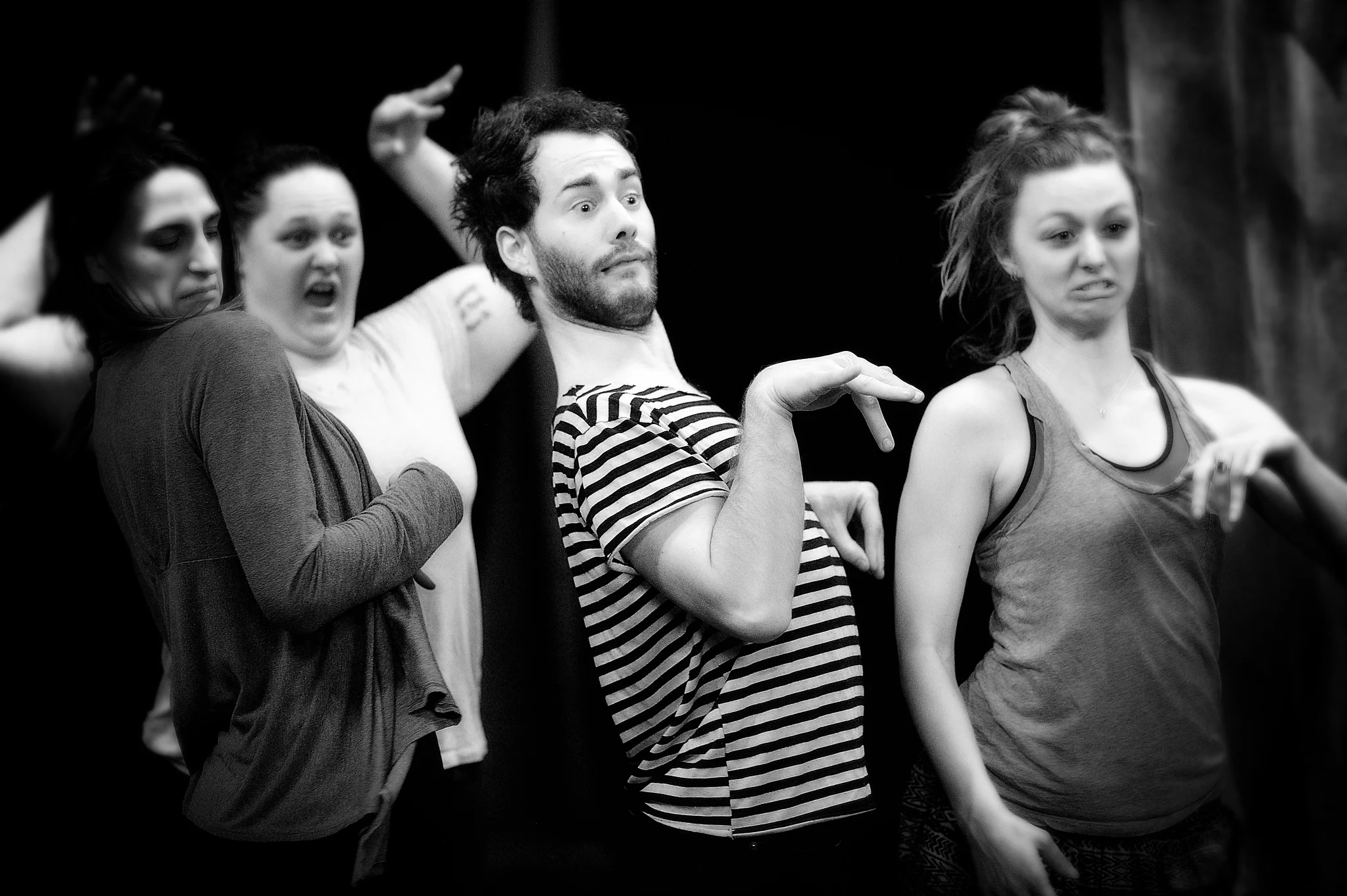 Performers Liv Fauver, Jessica Stepka, Joe Cummings , and Jackie Miedema rehearsing for DangerSwitch!'s Into the Deeps . Premiering June 8-17 at Theater Off Jackson. Directed by Eddie DeHais and Alyza DelPan-Monley . Photo credit: Joe Iano
