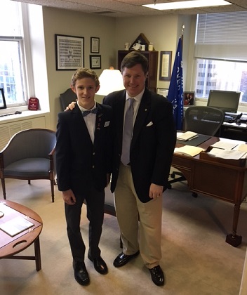 Henry Atkinson, Oak Knoll Middle School student with Del. Peace at the General Assembly Building