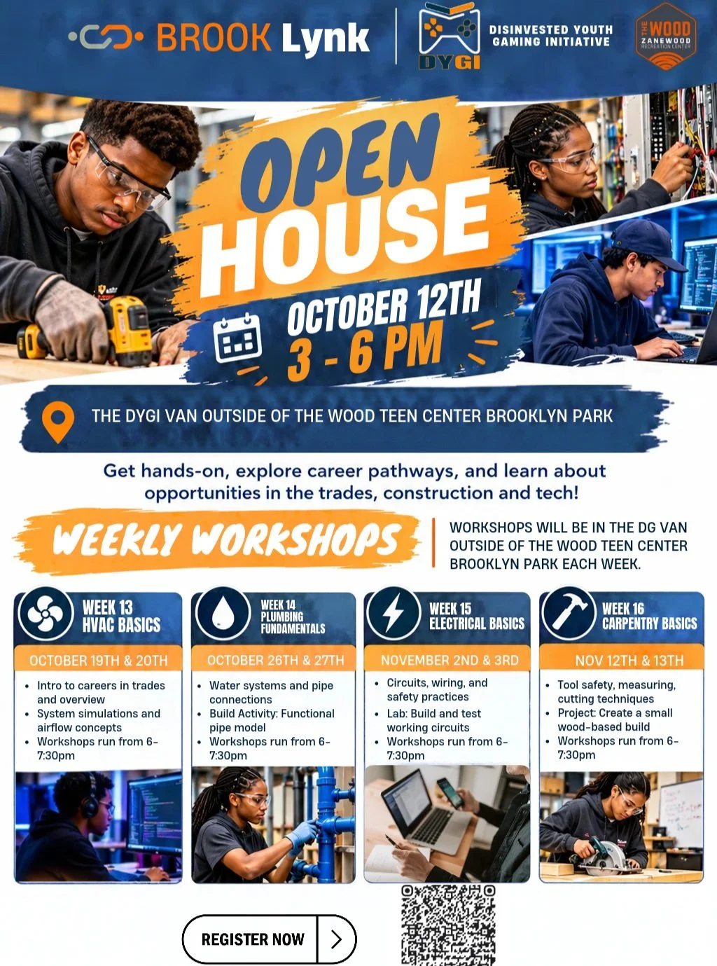 You are invited to DYGI's open house at The Wood in Brooklyn Park on October 12th from 3 - 6PM.

📍 7100 Zane Ave N, Brooklyn Park, MN 55429

This event will feature DYGI&rsquo;s brand new Tech Truck, offering you the opportunity to explore and learn