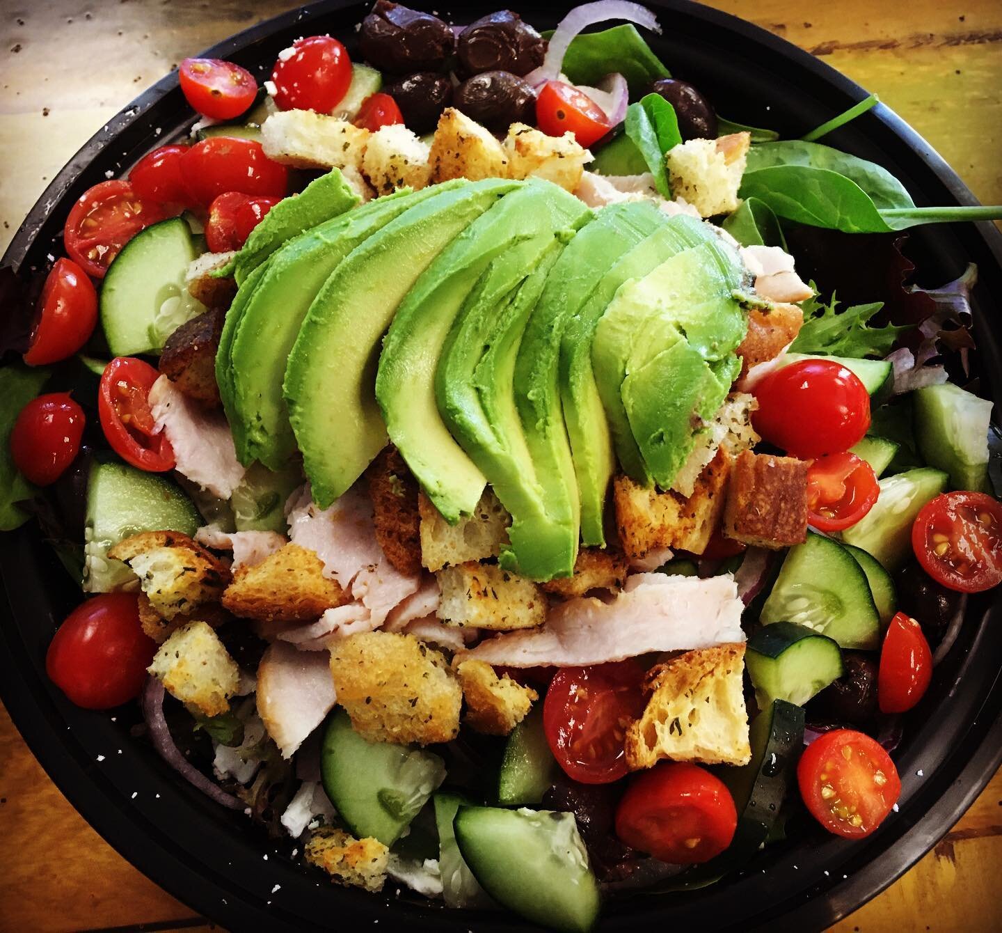 It&rsquo;s time to get your salad on!  Our most popular selection is our Turkey Greek Salad: with fresh veggies from @moceriproduce , turkey from @diestelfamilyranch , our made-from-scratch croutons using @sadierosebakingco bread, and our house made 