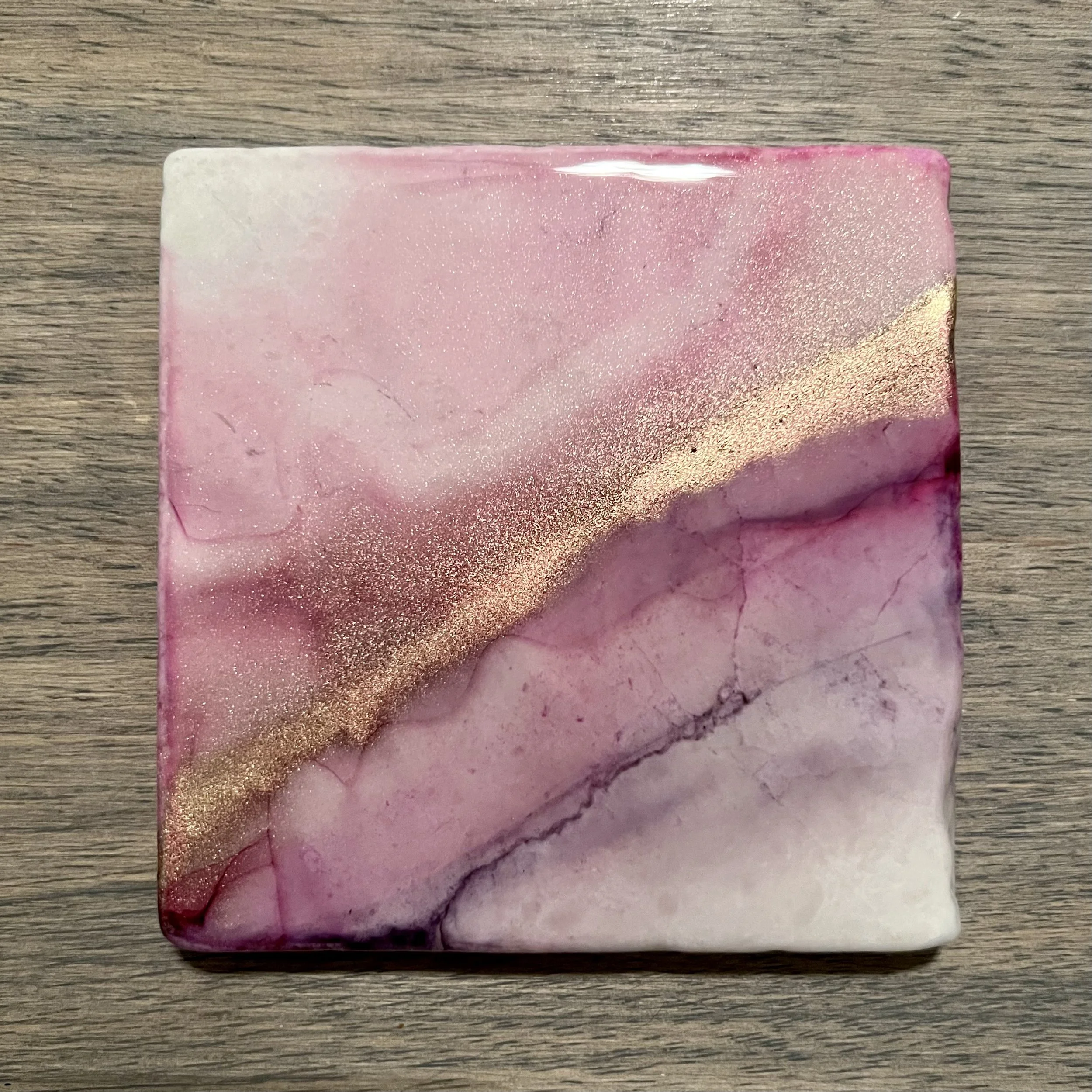 Drink coaster hand painted pink and gold on marble (Copy)
