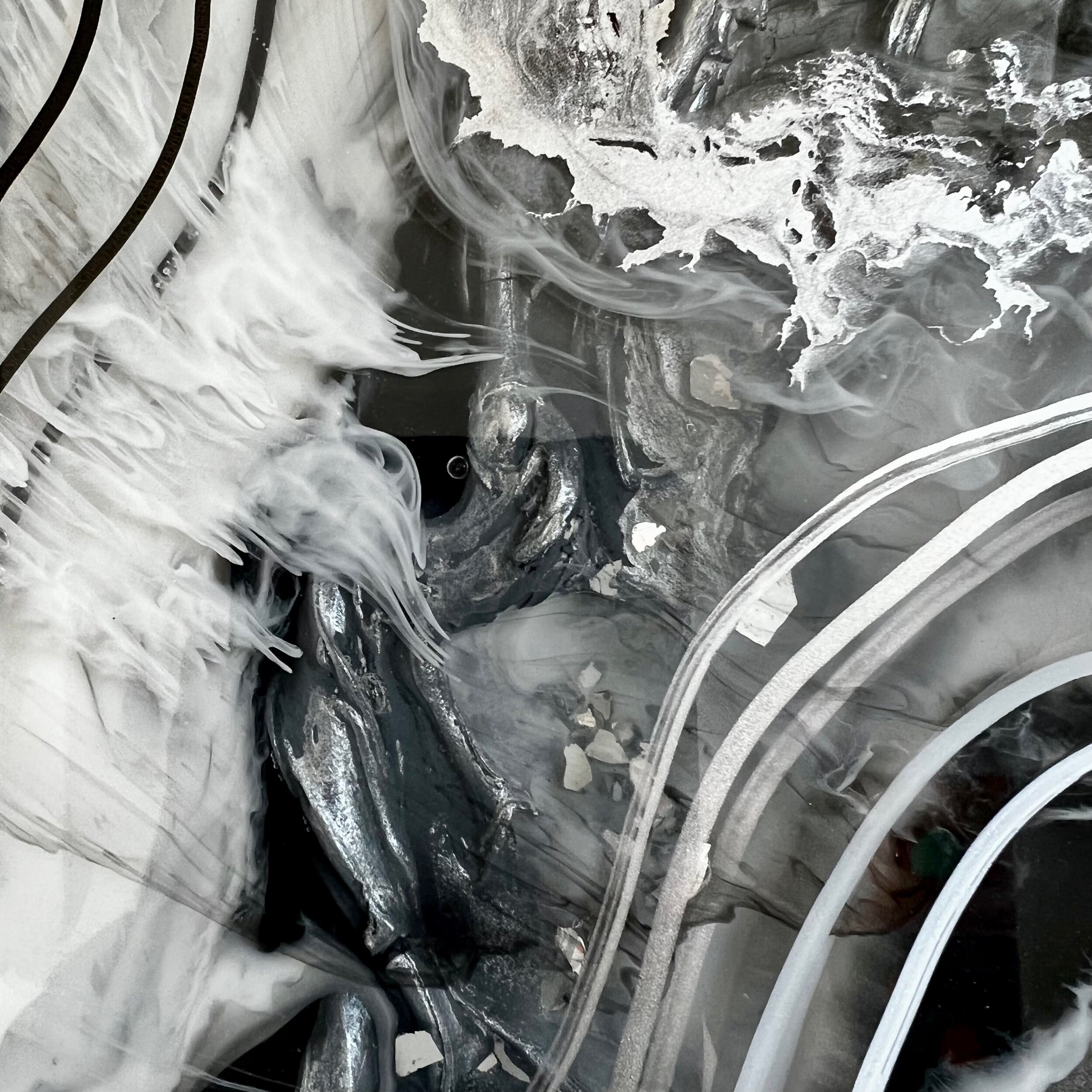 Pearl painting detail shot one using black, white and silver abstracted with many resin layers