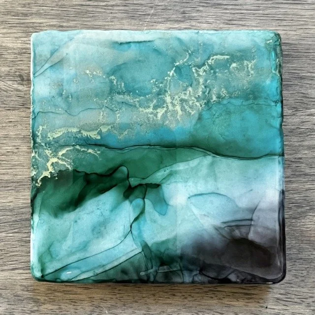 hand painted green, gold and black marble drink coaster