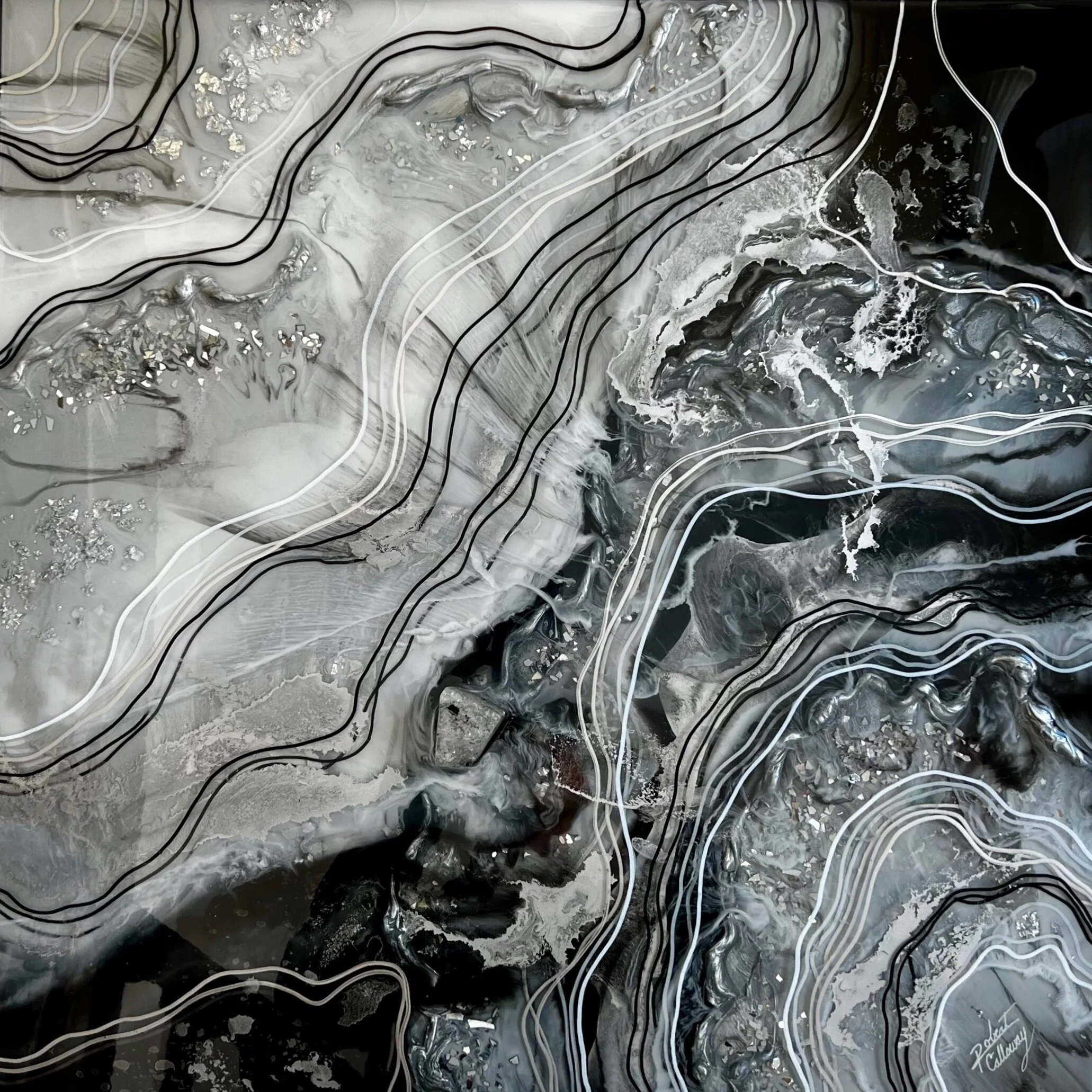 Black Pearl painting full view using black, white and silver abstracted with many resin layers