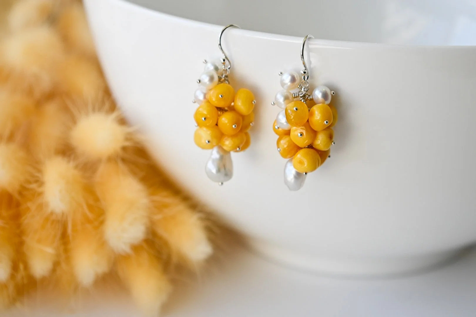 Butterscotch Amber and  Pearl Cluster Earrings