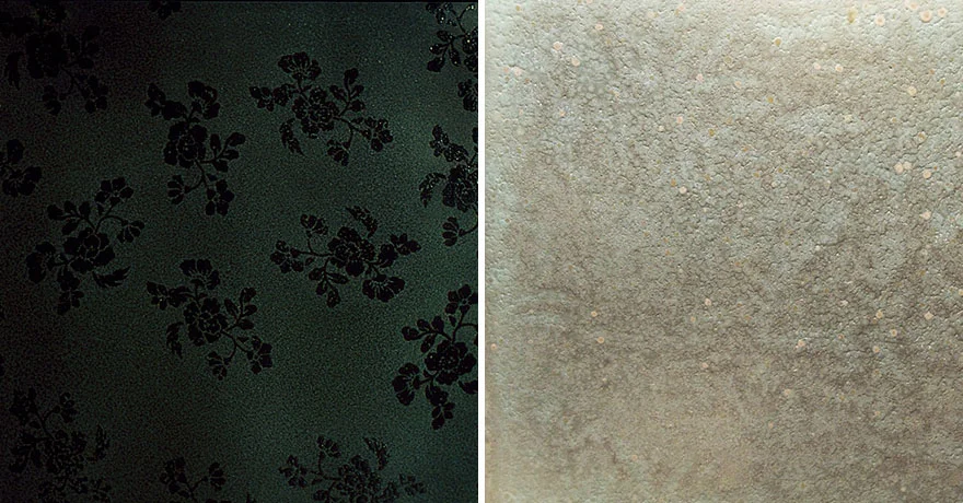 L: detail of <i>A Blind Stitch II </i>, porcelain, ceramic decal, c/10 red. fired, 2000. R: detail of <i>Indelible Stain </i>, porcelain, inlay, c/10 red. fired, 2008